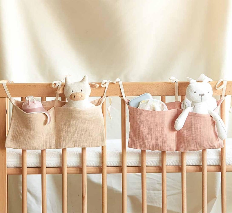 YeeMan Cotton Baby Bedside Hanging Storage Bag,2 Pockets Organizer for Baby Cribs and Toys (Oatmeal) - Image 4
